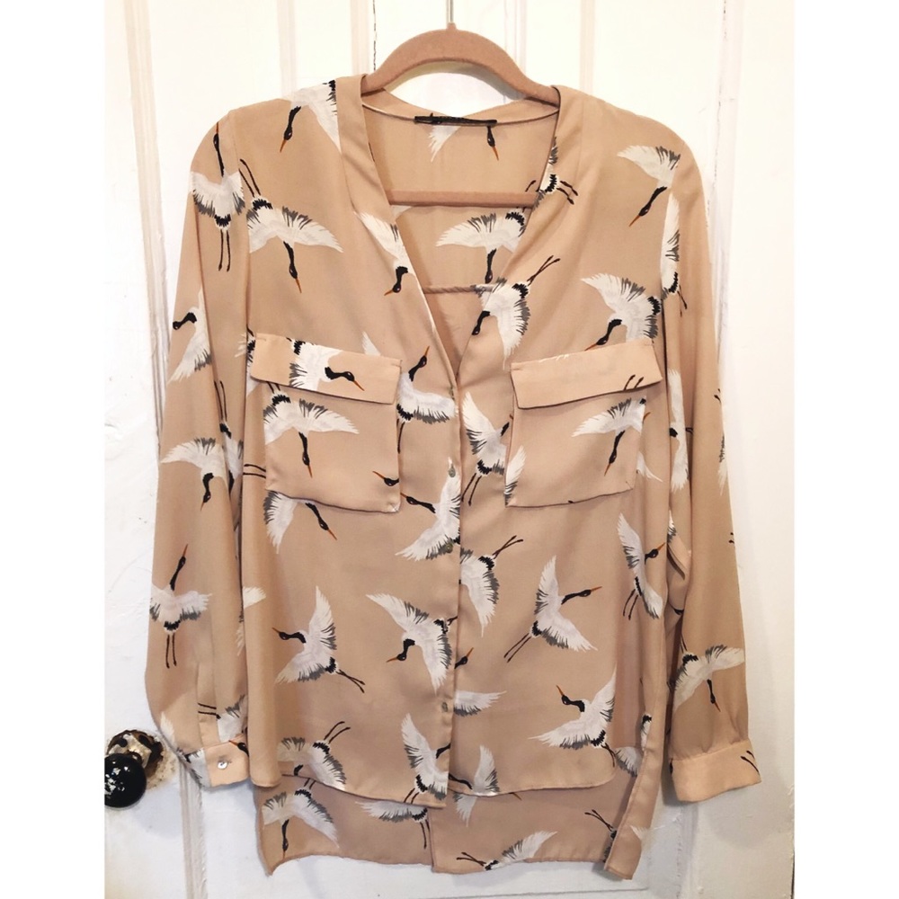Blush/Millennial Pink Blouse with Crane Print